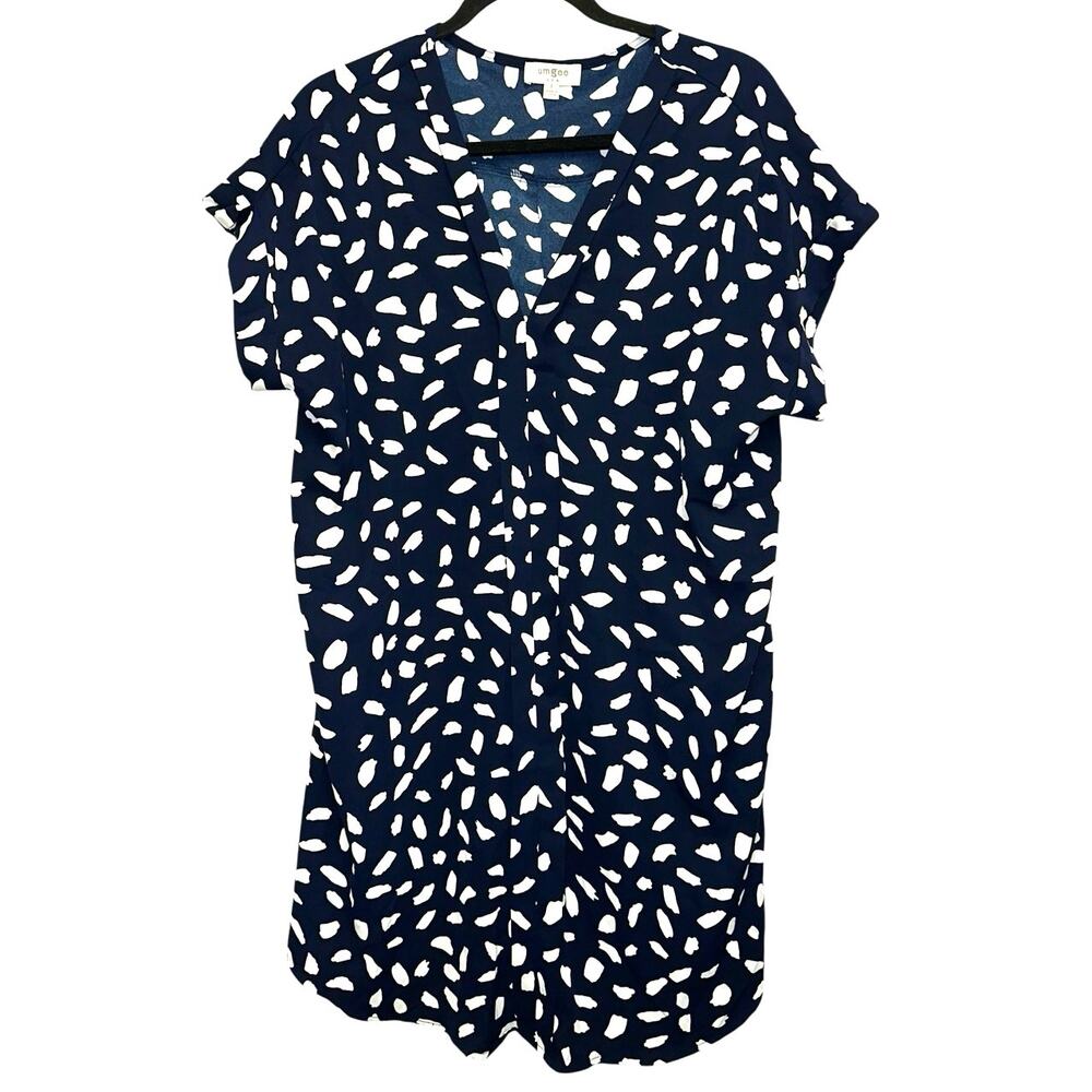 Umgee Navy & White Printed Tunic Dress Large Short Sleeve